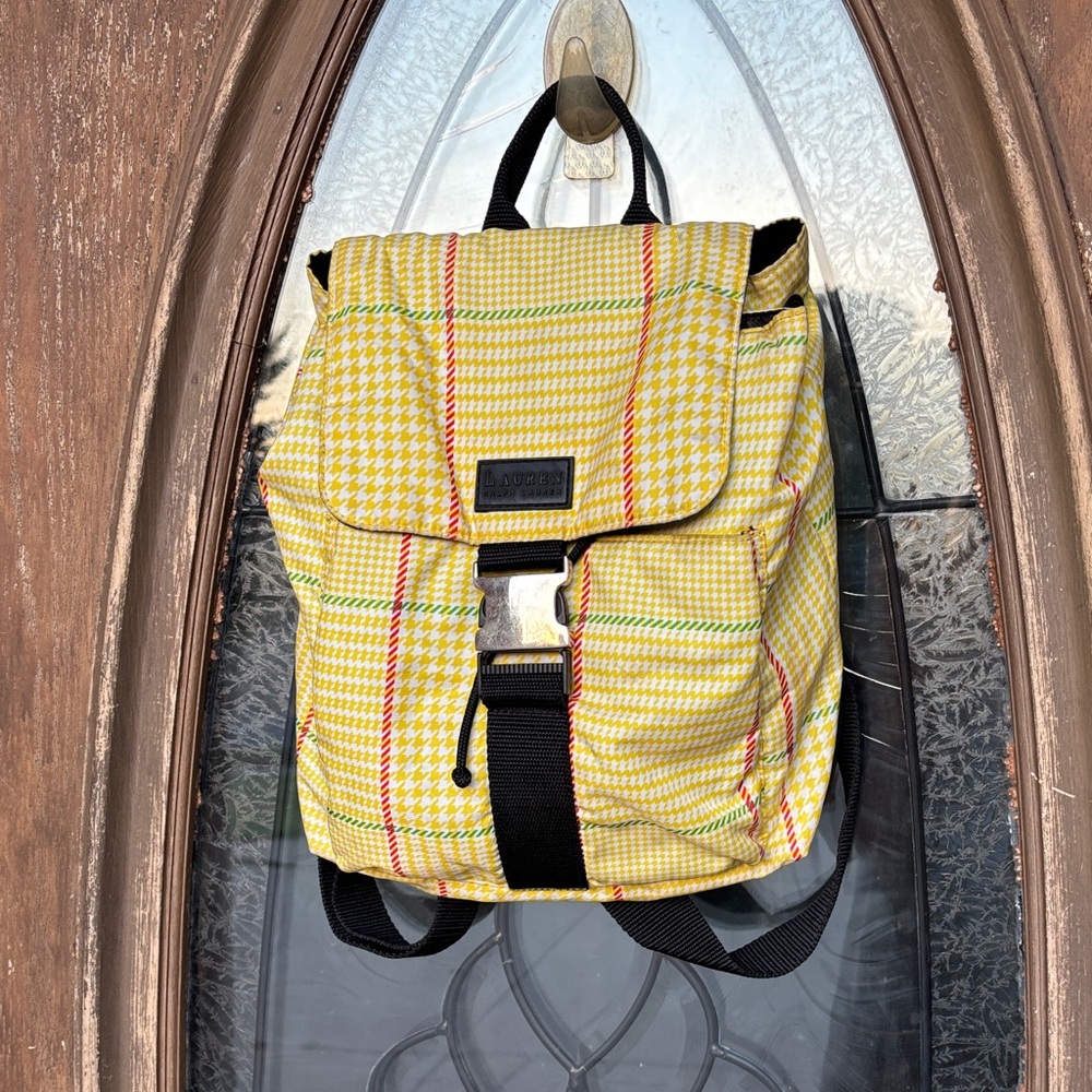 Lauren Ralph Lauren Yellow Plaid Backpack with Black Straps